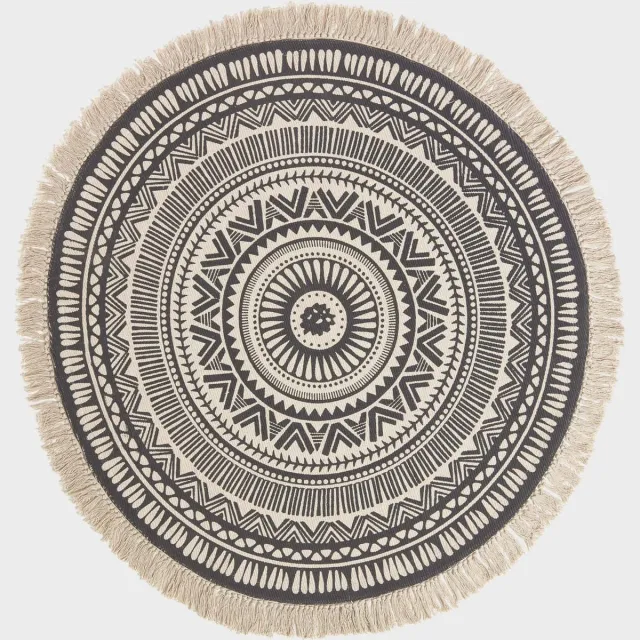 Homescapes rond boho vloerkleed zwart en wit met franjes, 145 cm