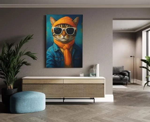 Trendex Global Canvas Schilderij - Dieren - Kat met Zonnebril - 120x80x2 cm Blauw