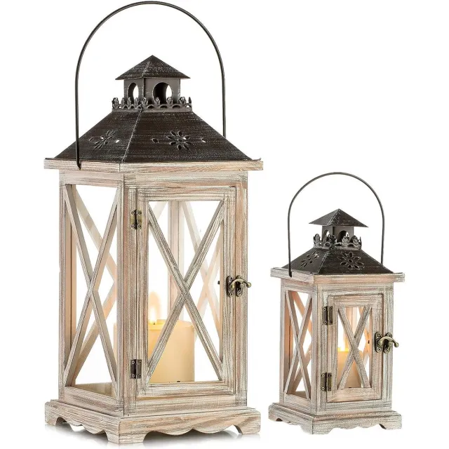 CasaJame Lantaarn van hout, grote houten lantaarns, windlicht, tuinlantaarn, set van 2 stuks, rustieke landhuiskaarsenstandaard voor kaarsen, vintage, bruiloft, Kerstmis, tafeldecoratie voor binnen en buiten, decoratie, 28 cm/48 cm Natuurlijk