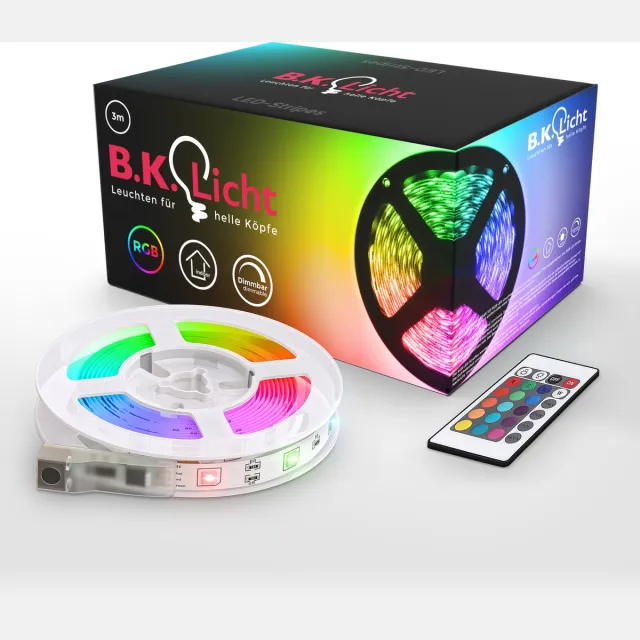 B.K.Licht LED Strip - 3 meter - RGB - incl. afstandsbediening - incl. kleurverandering - gekleurd licht - zelfklevend wit