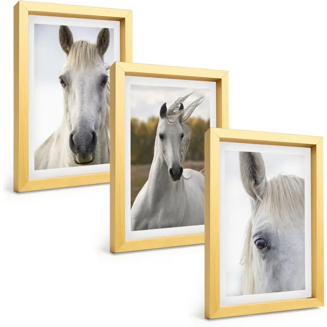TULUP 4-Delige Schilderij Set - Witte paarden in verschillende houdingen tegen een natuurlijke achtergrond. - 20 x 30 cm - Wanddecoratie - Moderne Interieurdecoratie - Muurdecoratie Gouden lijst