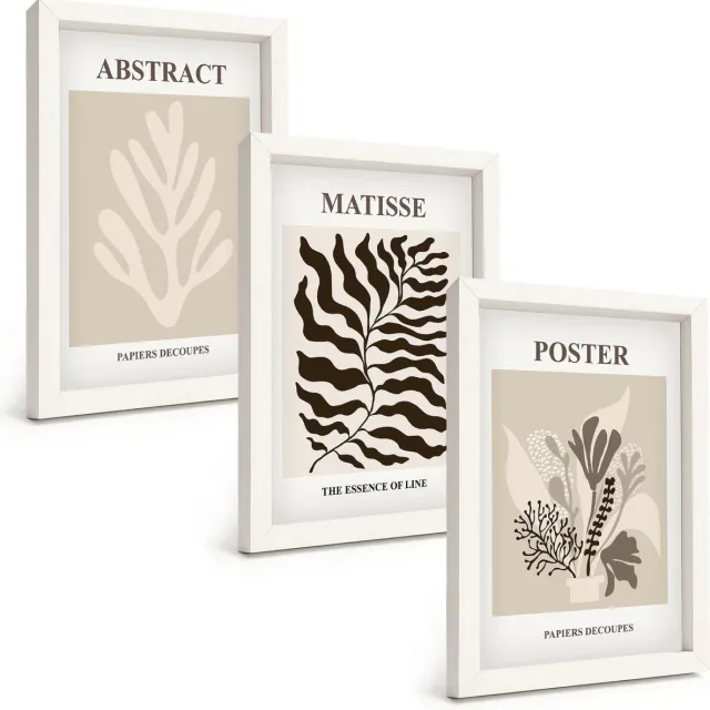 TULUP 3-Delige Schilderij Set - Plantenpatronen in beige en bruine tinten - 20x30 - Decoratieve Schilderijen - Wanddecoratie - Hal - Stijlvolle Muurdecoratie Witte lijst