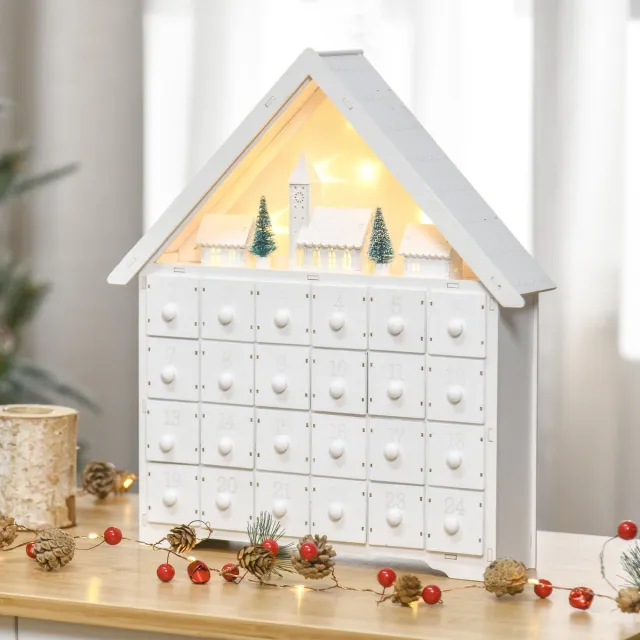TEKROA Houten adventskalender - met 24 lades – Kerstdorp-design met bomen en verlichting - 39x9x42 cm - wit