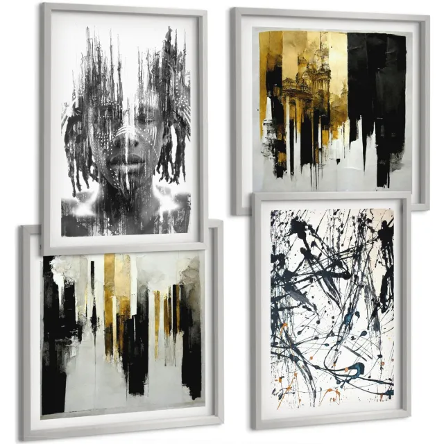 Coloray 4-Delige Schilderij Set - Contrasterende Abstracties Met Portret En Architectuur - 40 x 40 cm En 40 x 60 cm - Stijlvolle Muurdecoratie - Kantoor - Woonkamer Decoratie Zilveren lijst