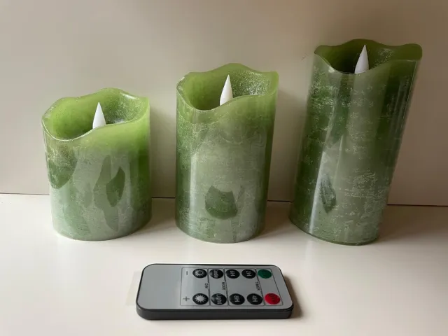 Rustiek Wax Led kaarsen met afstandbediening set van drie - 7.5x10/12,5/15 cm - Groen Rustiek Wax