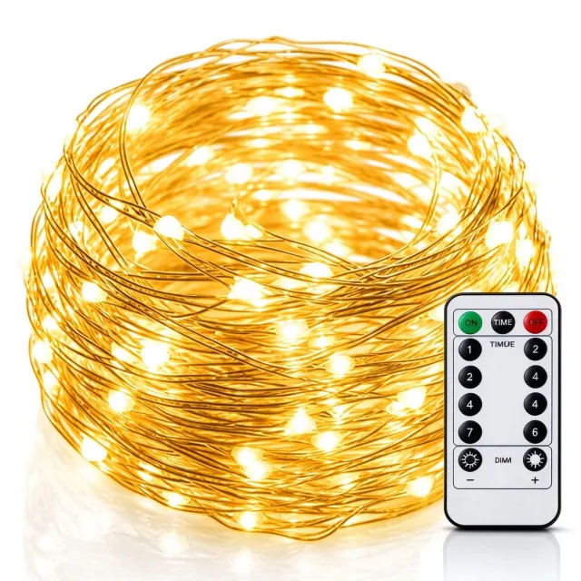 Lifhelpe 20 meter lichtsnoer 200 LED lampjes, fairy lights voor binnen en buiten, op batterijen met afstandsbediening, warm wit,zilverdraad