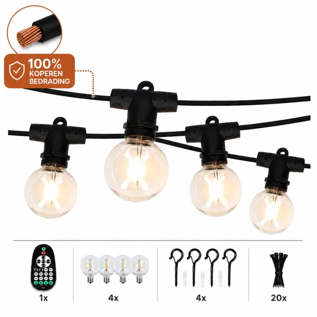 Latium G40 Lichtsnoer Buiten – IP65 – Prikkabel 12m – Inclusief Afstandsbediening – 100% Koperen Bedrading – 20 LED – Dimbaar – Lichtslinger – Sfeerverlichting Buiten en Binnen – Warm Wit 2700K – 4 Extra LED’s