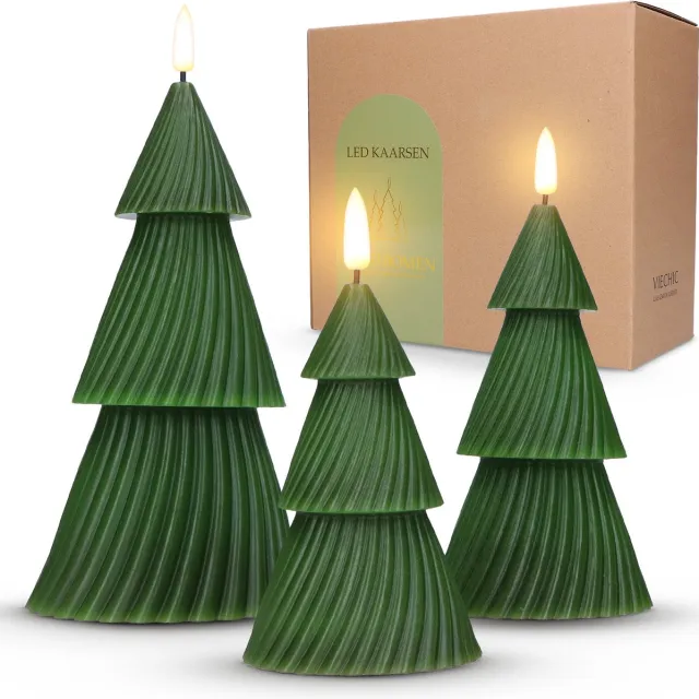 Viechic LED Kerstboom Kaarsen Set van 3 – Luxe Wax LED Kaarsen met Timer – Warme Vaste Gloed – Kerstdecoratie – Geschenkdoos – VIECHIC Groen