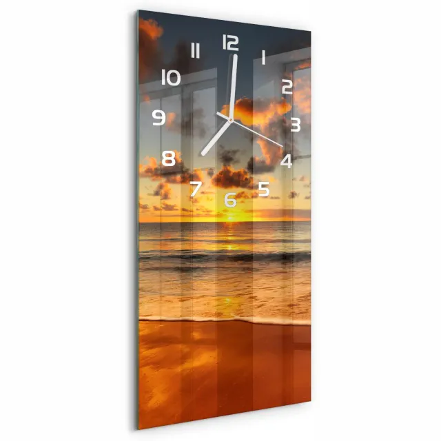 TULUP Wandklok - Australisch strand Wandklok Glas Met Motief - 30x60 cm - Oranje Decoratieve Glazen Klok - Witte handen - Rechthoekige Klok - Gekleurde Glazen Klok - Glazen Klok Met Print