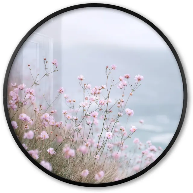 FrameYourWall Poster in lijst Rond - Fotolijst 80x80 cm - Posters - Klif - Bloemen - Zee - Roze - Ronde posterlijst zwart - Decoratie - Wanddecoratie woonkamer - Muurdecoratie slaapkamer