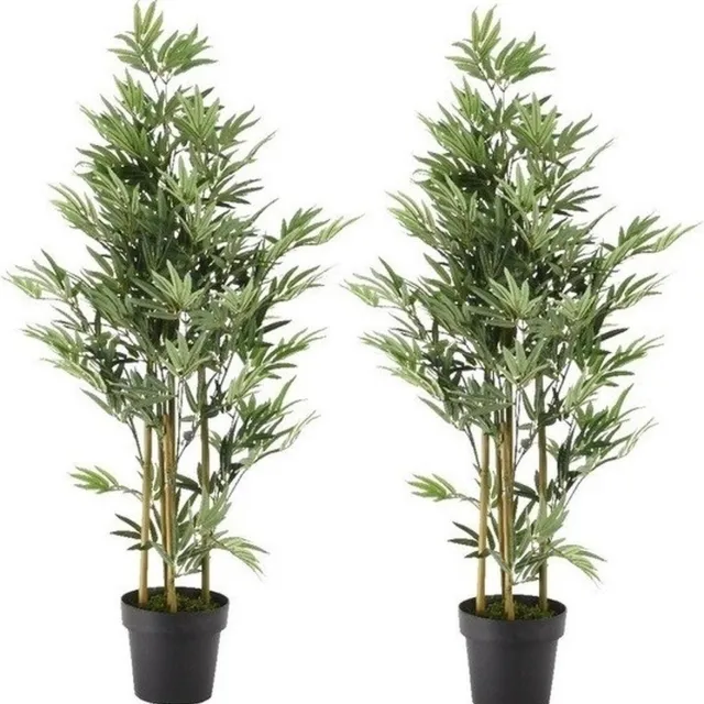 Bellatio Flowers & Plants 2x Groene bamboe kunstplant 125 cm in zwarte plastic pot - Kamerplant kunstplanten/nepplanten