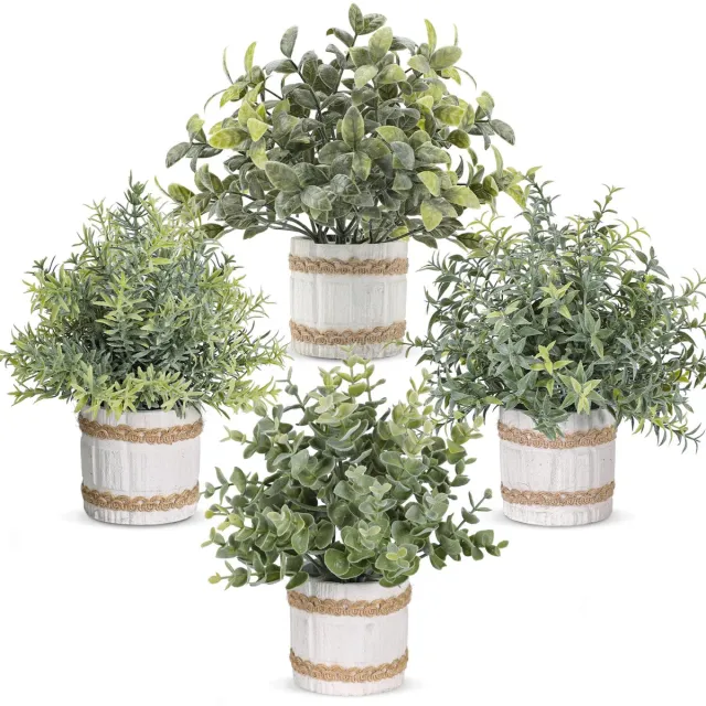 Unyqoos Set van vier decoratieve kunstplanten in grijze pot voor elke ruimte, grijs, 23 cm, 4 stuks