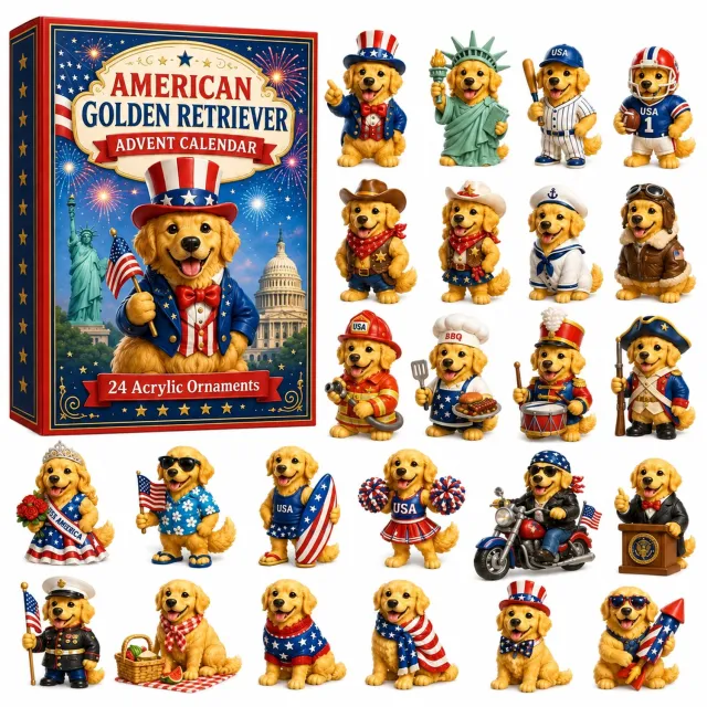 SWGOTA Adventskalender 2026 met golden retrievers - 24 platte acryldecoraties met Amerikaanse thema's, in doos Goud