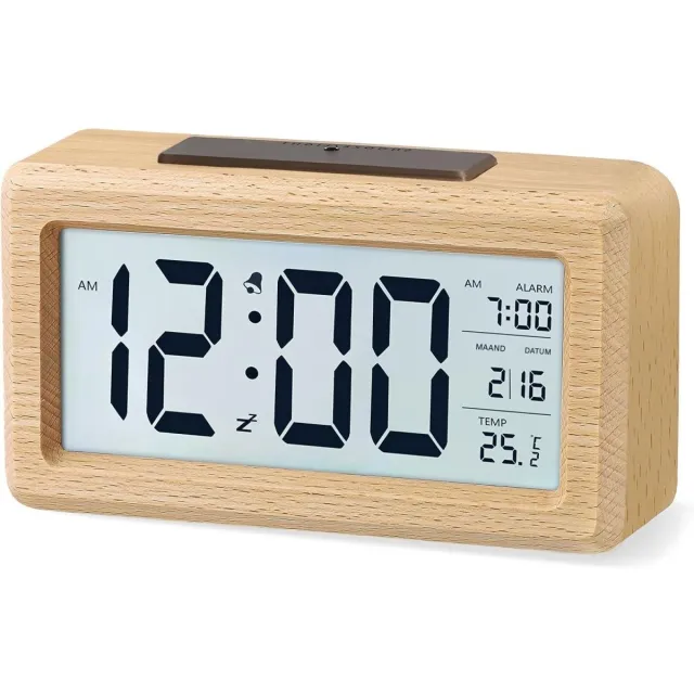 GelldG Houten digitale wekker - LCD-scherm - Geen tikgeluid - Datum- en temperatuurweergave - Werkt op batterijen - Snooze-functie - Digitale elektronische klok - Geschikt voor slaapkamers en kantoren Natuurlijke houtkleur