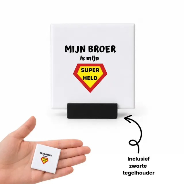 Hacebo mijn broer is mijn superheld tegeltje met tegelhouder - Broer - super broer - tegeltjes met tekst - verjaardag - cadeautje voor broer - broer artikelen - kado - geschenk - spreuktegels - 4.8x4.8 CM Wit