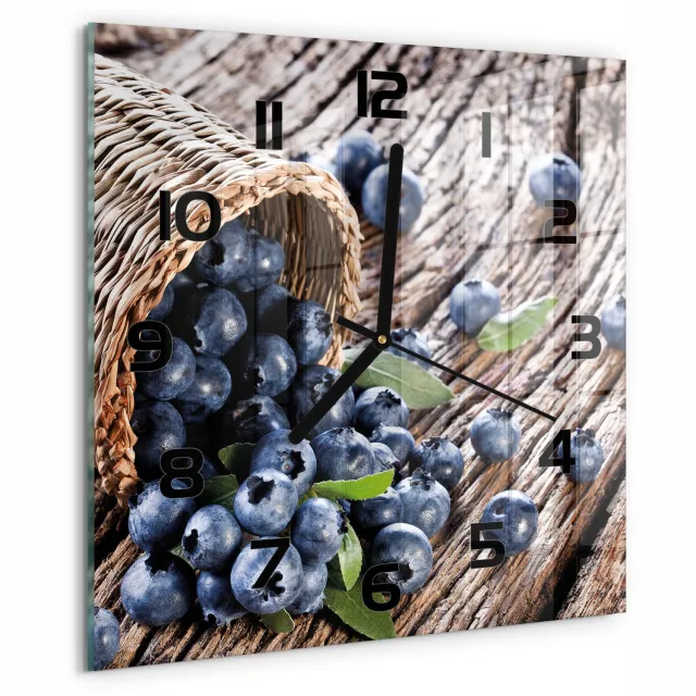 TULUP Wandklok - Bosbessen in een mand Decoratieve Glazen Klok - 30x30 cm - Blauw Glazen Wandklok Design - Zwarte handen - Vierkante Klok - Glazen Klok Met Print - Wandklok Glas Met Motief