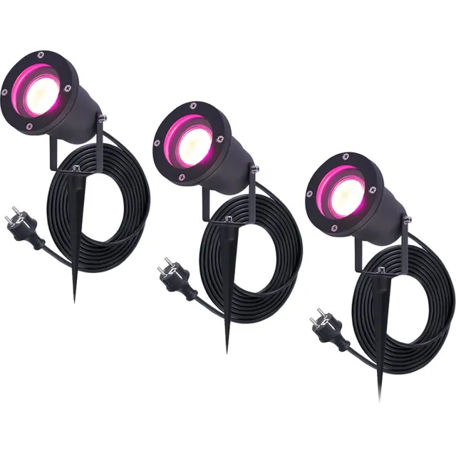 HOFTRONIC SMART HOFTRONIC Sydney - 3x Smart Prikspot - GU10 - Plug & Play - RGBWW - 5.5 Watt - WiFi & Bluetooth (Seamless Connect) - IP65 Waterdicht voor buiten - Priklamp - Zwart - Grondspies - 1.5 meter netsnoer - Slimme Grondspot Buitenlamp