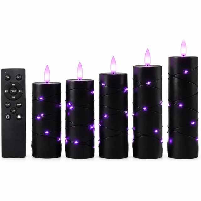 SWGOTA led kaarsen, 5 stuks per doos, zwart met paars licht, puntvormige lichttop en lichtsnoer rondom, inclusief grote afstandsbediening
