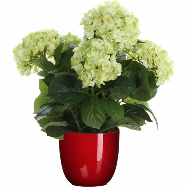 Mica Decorations Hortensia kunstplant/kunstbloemen 45 cm - groen - in pot rood glans - Kunst kamerplant