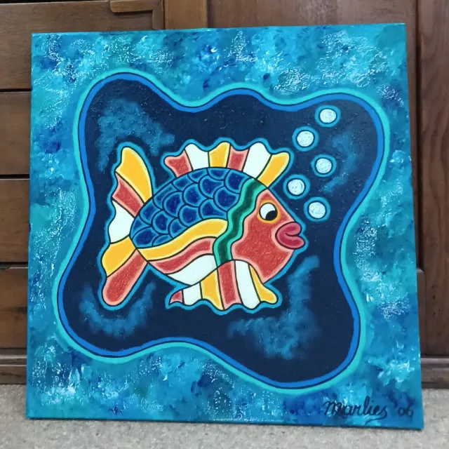 Lijstenmakerij van Antwerpen Origineel Schilderij Marlies van Wezel - Guppie Links 50 x 50 cm vrolijke kleuren
