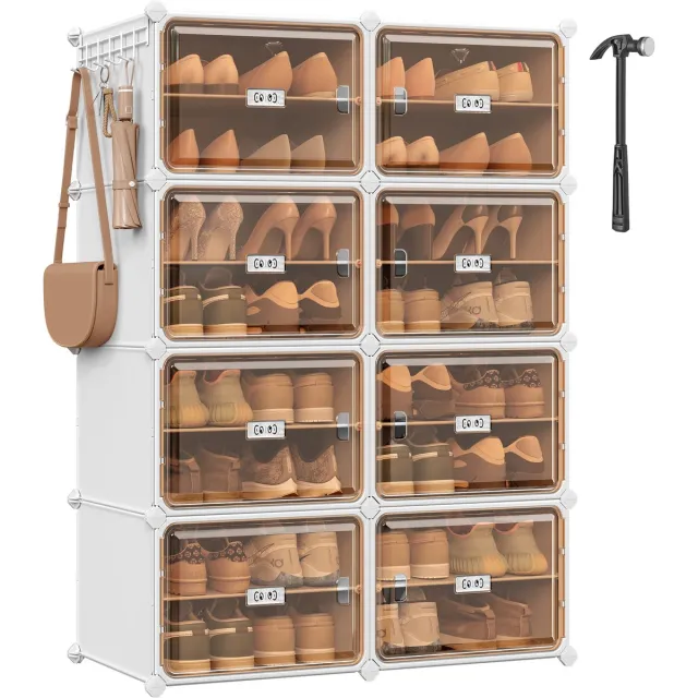 Songmics Schoenenrek - Schoenenrek met 8 Vakken - Met Doorzichtige Deur en Metalen Frame - Voor 32 Paar Schoenen Wolkenwit-Transparant bruin