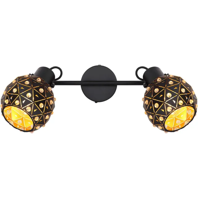 Globo Plafondlamp 2-lichts metalen kristallen eetkamer design plafondlamp met beweegbare spots, metaal zwartgoud, 2x E27, LxBxH 35x12x26 cm