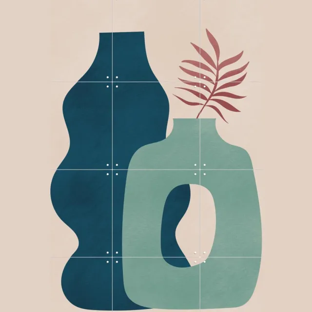 IXXI Minimalist Design with Blue and Green Vases, Little Dean & Various - 60 x 80 cm - Grote wanddecoratie en posters - Minimalisme, Geometrische Blauw / Groen