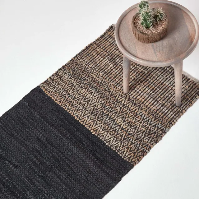 Homescapes Leren loper 66x200 cm – zwart patroon, gemaakt van gerecycled leer