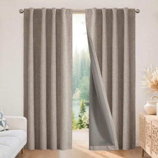 Famanu Verduisterende linnen gordijnen 244 cm lang 100% verduisterende gordijnen 241 cm lengte 2 panelen set voor slaapkamer woonkamer zwart verduisterend gordijn thermisch geïsoleerd achtertab beige
