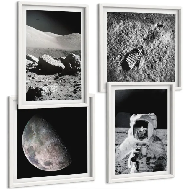 TULUP 4-Delige Schilderij Set - Maanfoto's met astronaut en voetafdruk - 40x40 en 40x60 - Decoratieve Schilderijen - Wanddecoratie - Hal Witte lijst