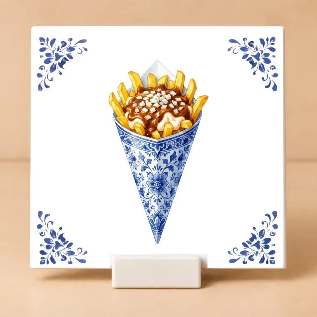 Bedruk King Delftsblauw Tegeltje 11x11 Patat Speciaal met Houdertje – Cadeau voor Frietliefhebber of Snackfan Wit