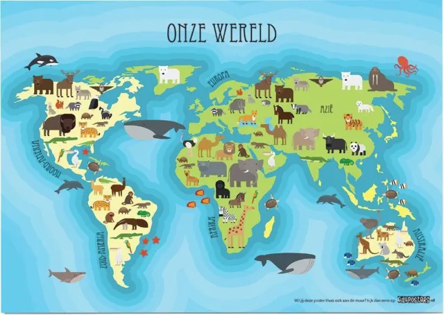 eduposters Educatieve poster (Posterpapier) - Topografie onze wereld dierenrijk - 42 x 29.7 cm (A3) Beige