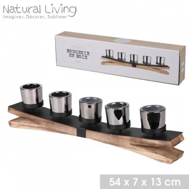Urban Living "NATURAL LIVING" KANDELAAR MET HOUTEN EN METALEN VOET 54X7XH13CM Natuurlijk hout en zwart metaal