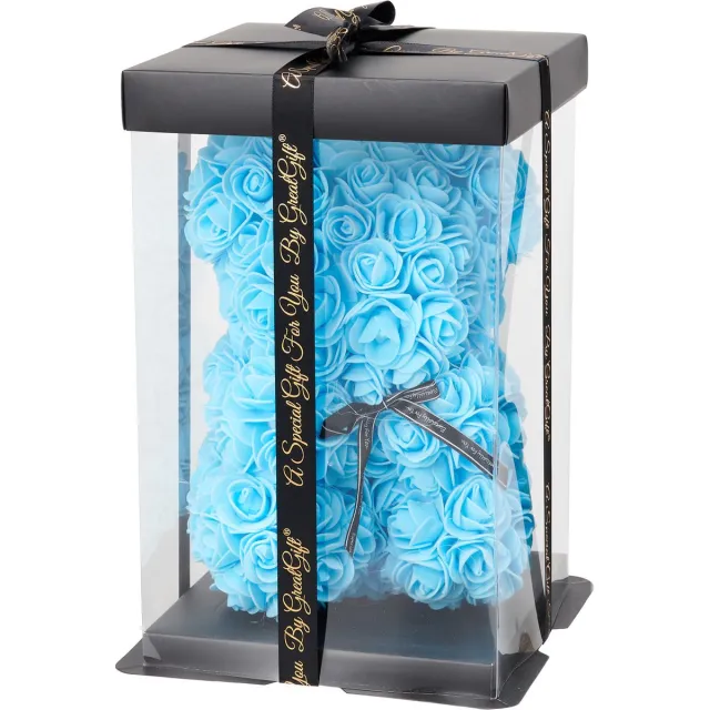 GreatGift Blauwe Rozen Beer 25 cm + 75 rozenblaadjes - in Luxe verpakking -Rose Bear - Teddy Beer - Blauw - Romantisch Cadeau - Valentijn - Cadeau voor haar