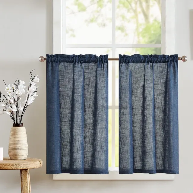 JGS ® Luchtige Linnen Keukengordijnen Set van 2 voor Stijlvolle Lichtfiltering en Privacy donkerblauw