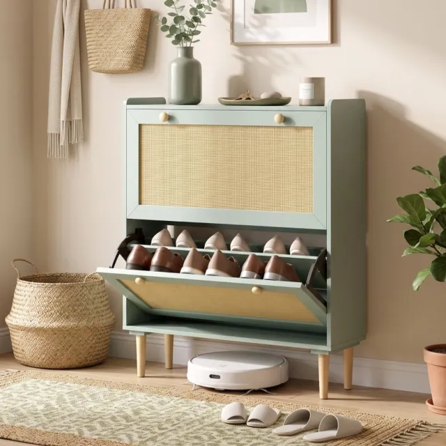 OKWISH Schoenenkast - 2 Kantelvakken voor 12 Paar Schoenen - Verstelbare Vakken - Voor Smalle Gangen - Hout en PVC - Lichtgroen - 80 x 26 x 101 cm