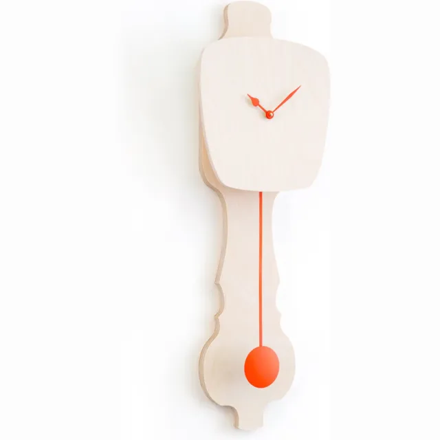 Kloq Wandklok Blank Hout & Neon Oranje