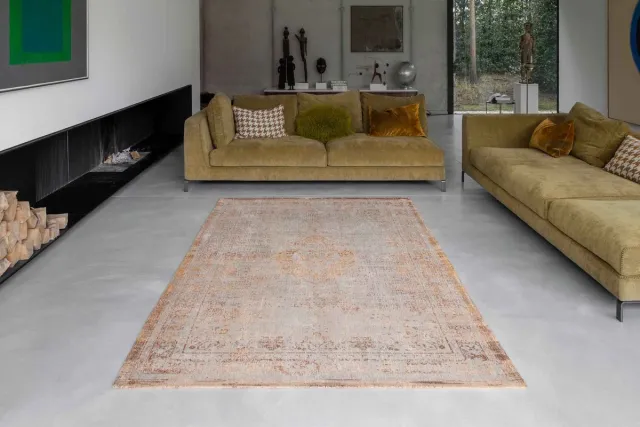 Louis de Poortere Wasbaar Binnen & Buiten Vloerkleed - 200 x 280 cm - Louis De Poortere Medallion Salmon - Laagpolig Tapijt - Gerecycled PET - Made in Belgium - Circulair Geel