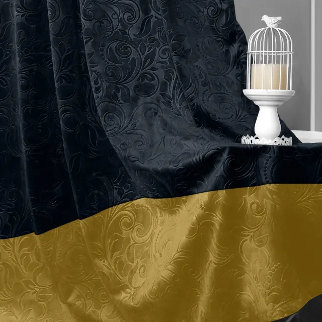 Qelus Gordijnen - Luxe 2-delige Gekreukt Fluweel Gordijn - Bloemendamastpatroon (Zwart & Goud) - Verduisterend, Thermisch Isolerend & Lichtwerend - Perfect voor Woonkamer & Slaapkamer - B 132 x H 213cm
