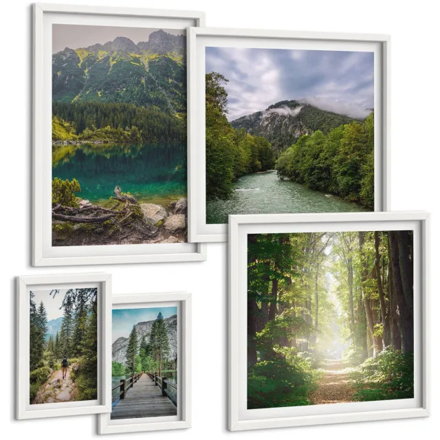 TULUP 4-Delige Schilderij Set - Natuurlijke berglandschappen en boswandelpaden - 50 x 50 cm, 20 x 30 cm en 40 x 60 cm - Wanddecoratie - Schilderijen Set - Kantoor - Muurdecoratie Witte lijst