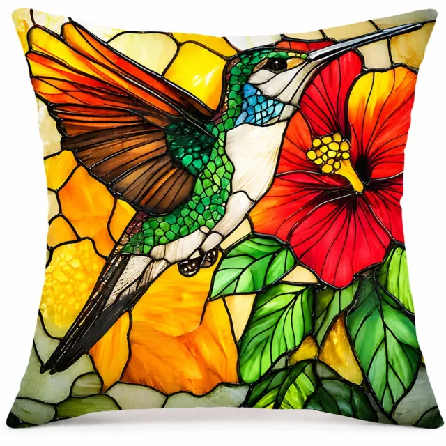 SWGOTA Linnen kussenhoes 45 × 45 cm - vierkant met kolibrie- en bloemenprint voor bank en slaapkamer Groen