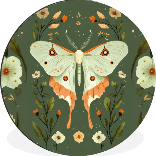 WallCircle Wandcirkel - Muurcirkel - Bloemen - Bladeren - Olijfgroen - Vlinder - Aluminium - Dibond - 140x140 cm - Binnen en Buiten Bloemen - Bladeren - Vlinder