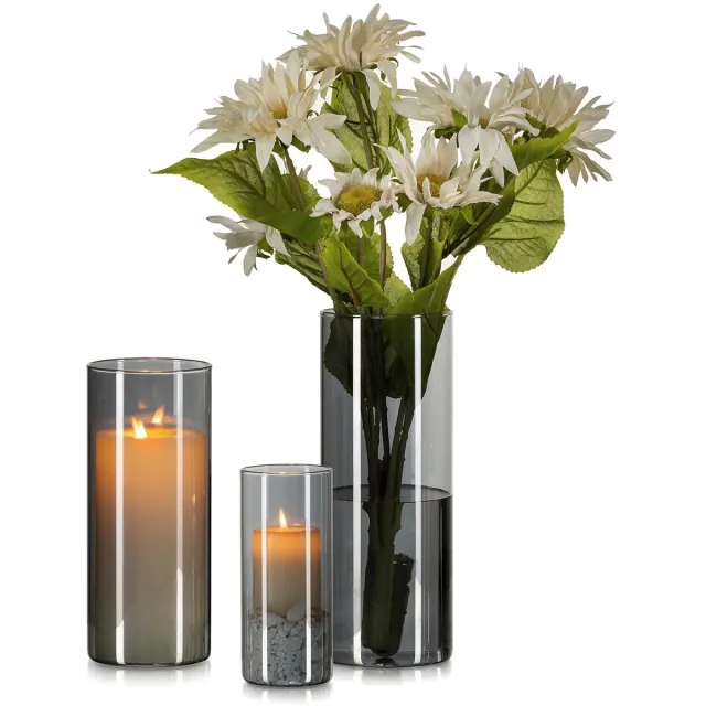 Famanu 3-delige windlicht glas set, moderne woonkamer decoratie met zwarte vaas en kaarsenhouder, glazen cilinders met voet, 15/20/25 cm Grijs