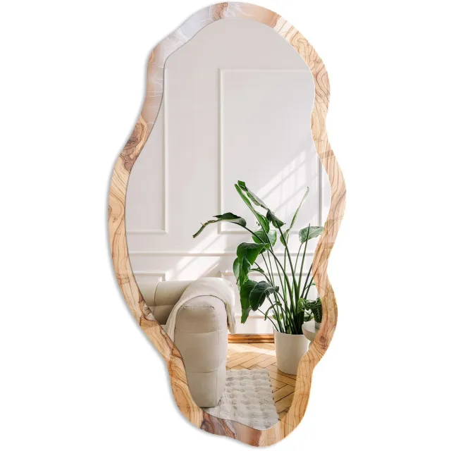 Coloray Houten Patroon Spiegel - Bruin Stijlvolle Wandspiegel - Organische Spiegel - Woonkamer - Rustiek - 45x90 cm - Totale afmeting 52x97 cm Houten PatroonPatroon, Bruin