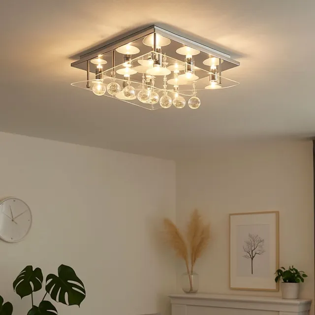 ESTO Plafondlamp chroom verlichting kristal glas woonkamer vierkante lamp zilver