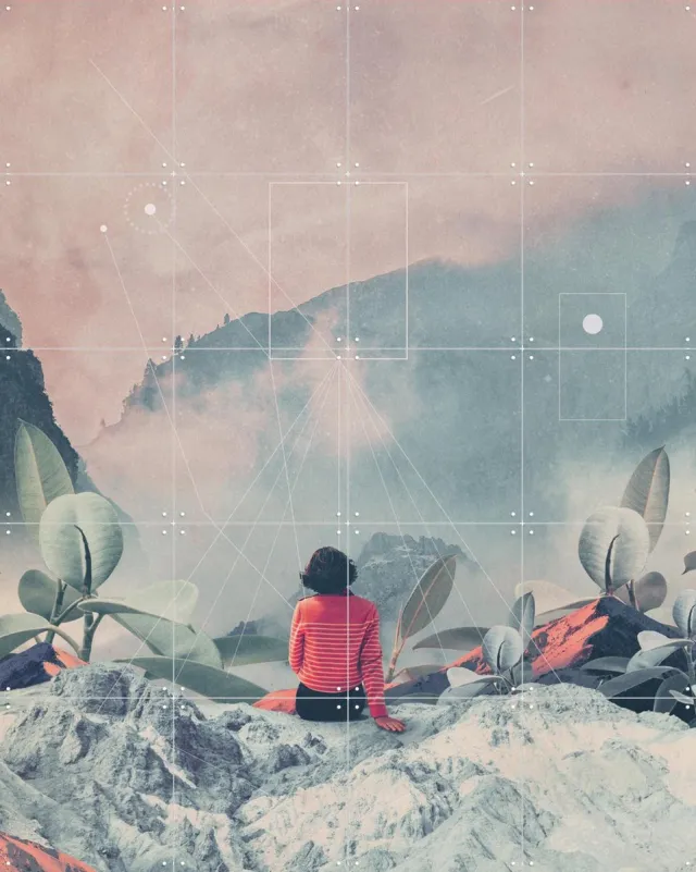 IXXI Lost in the 17th Dimension, Frank Moth - 80 x 100 cm - Grote wanddecoratie en posters - Kleurrijk, Digitale Kunst, Collage, Surrealisme, Vintage Roze