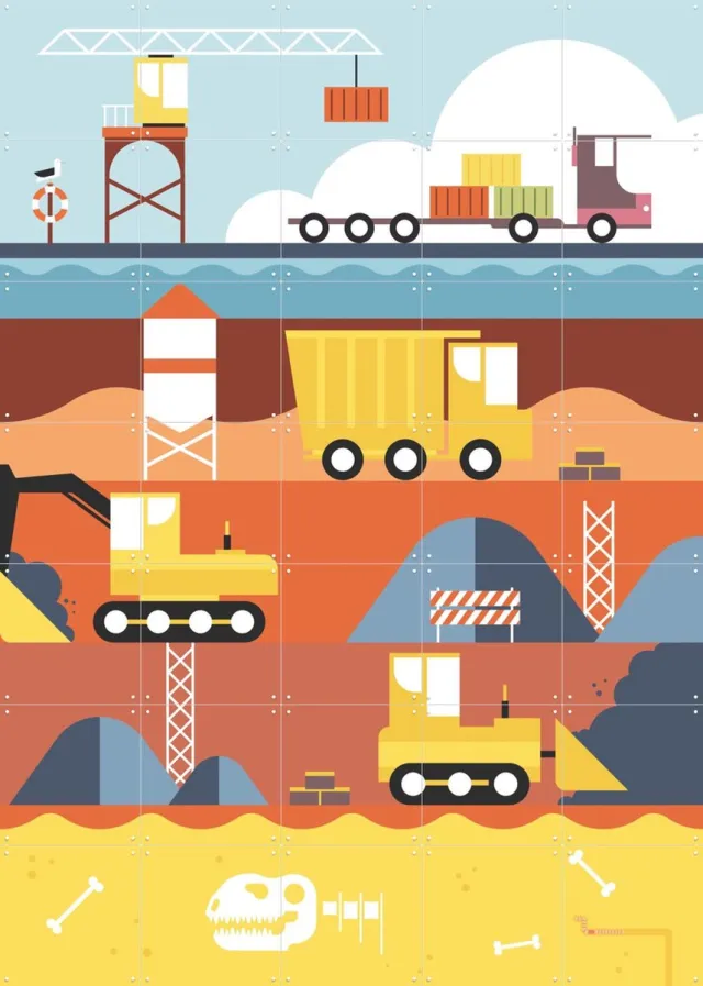 IXXI Xcavator, Studio Kars + Boom - 100 x 140 cm - Grote wanddecoratie en posters - Grafisch Ontwerp, Digitale Kunst, Illustraties, Kleurrijk, Speels Geel