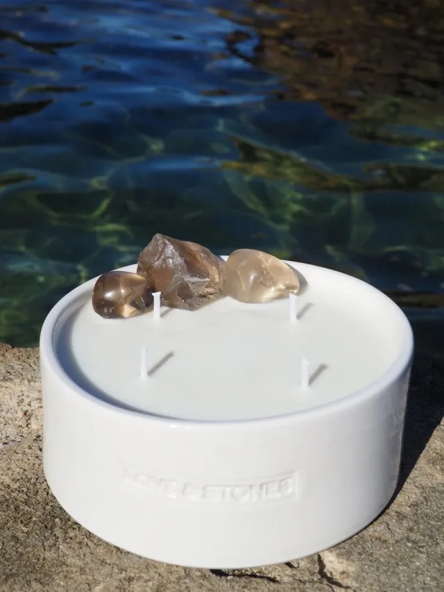 Love and Stones large white ceramic crystal candle wit