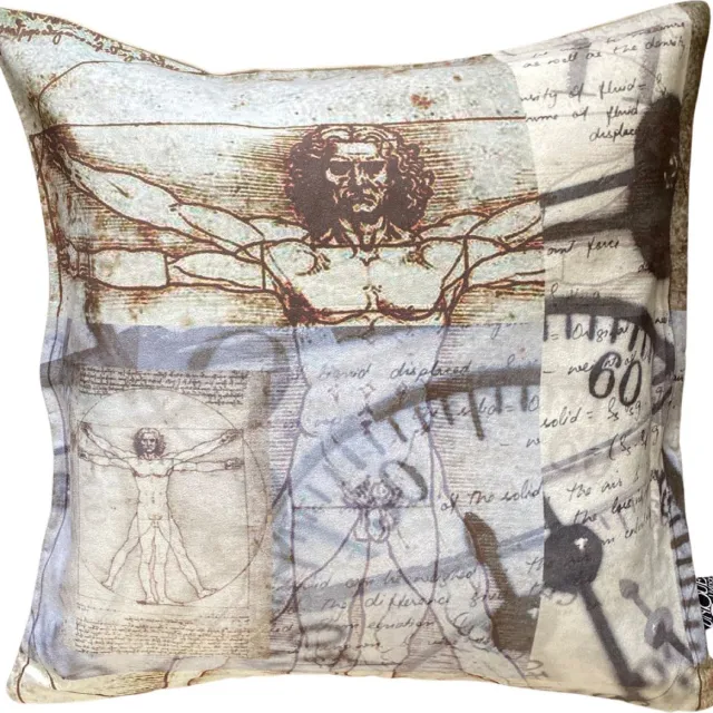 Unique Living 6 stuks - kussenhoes - sierkussenhoes - Leonardo Da Vinci - 45 x 45 cm - rits - klassiek - linnen achterzijde natuurtint - licht blauw - beige - ecru