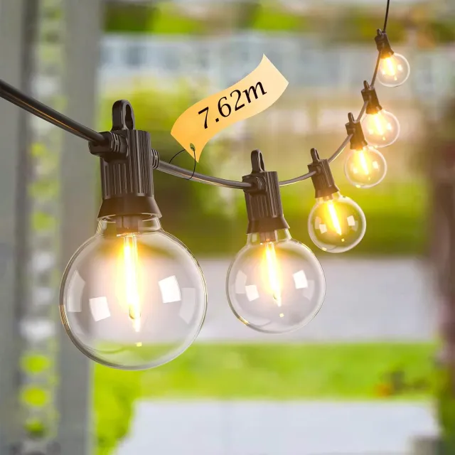 Flintry G40 Buiten Slingerlicht 7,62m IP65 Waterdicht 2700K - Patio Verlichting met 12 Breekvaste Edison Globe Lampen - 2700K Warm Wit voor Tuin, Veranda, Hek, Camping, Feest, Achtertuin, Terras, Bistro & Balkon Decoratie